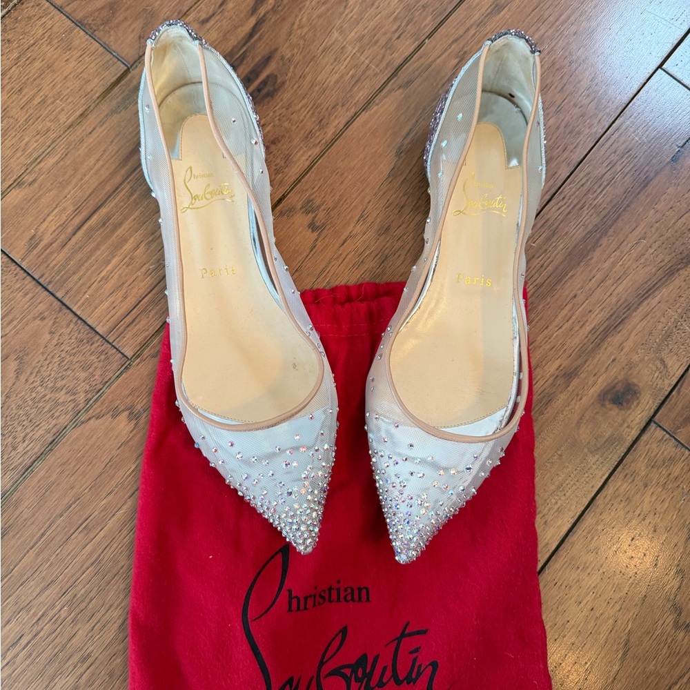 Authentic Christian Louboutin Nude Crystal-Embellished pointed Toe flats